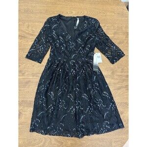 Kensie Dress Womens XS Black Flare Lace A-Line 3/4 Length Sleeves Casual Elegant
